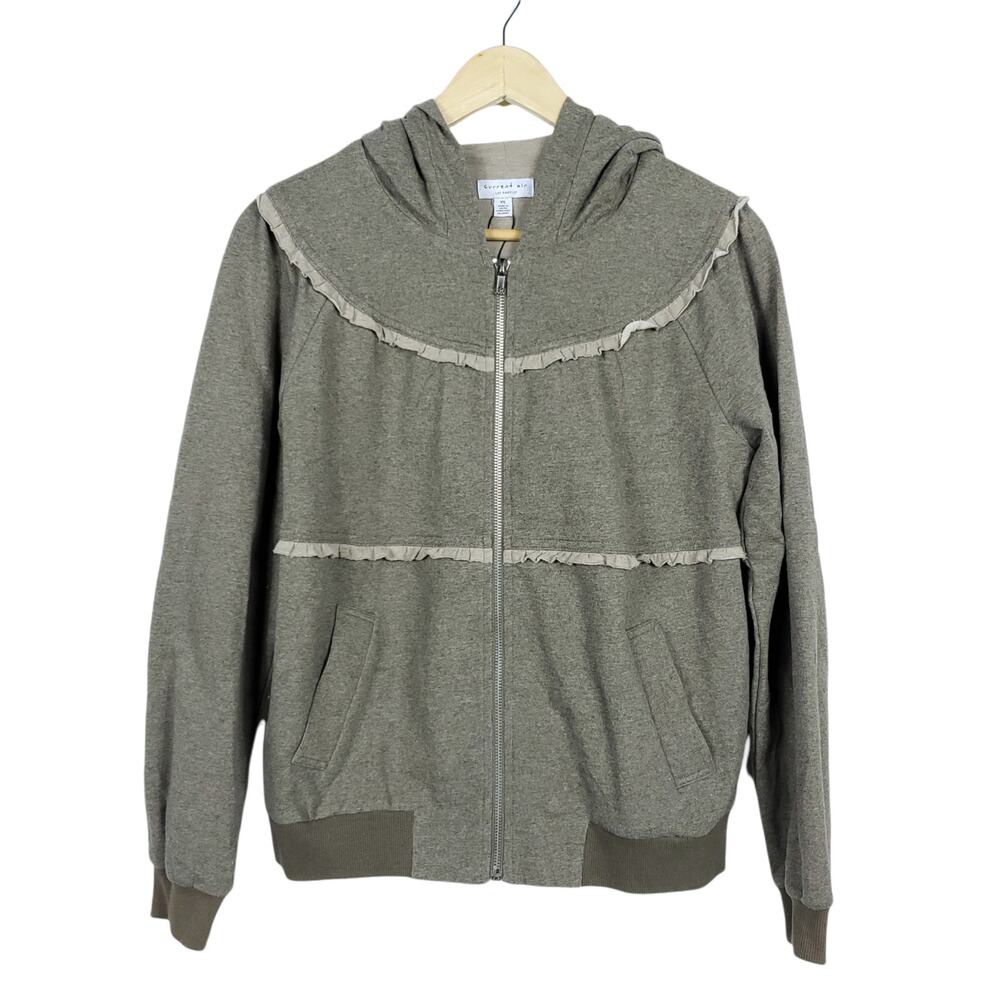 Current Air Jacket XS Gray Brown Knit Ruffle Pocket Zip Up Hooded Sweater